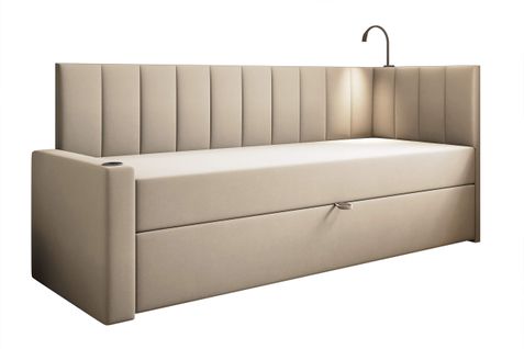 Lit Boxspring 80x200 Cm Tokio Avec Matelas Ressorts Intégré Et Rangement - Beige - Gauche