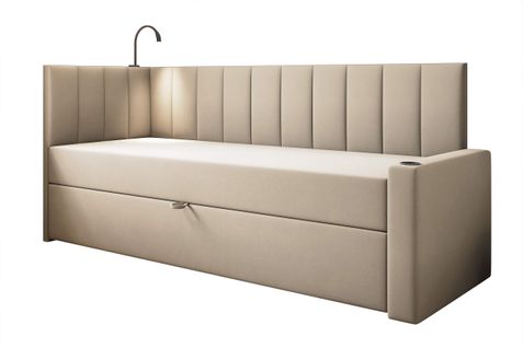 Lit Boxspring 80x200 Cm Tokio Avec Matelas Ressorts Intégré Et Rangement - Beige - Droit