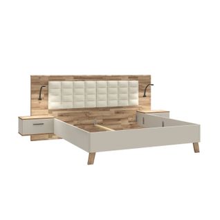 Lit 180x200cm chevets intégrés RICCIANO imitation chêne et grège