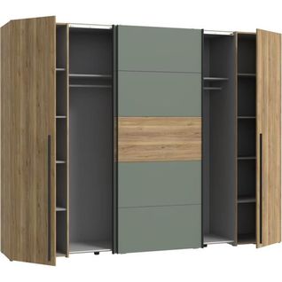 Armoire - Décor Chene Et Vert Sauge - 2 Portes Battantes + 2 Portes Coulissantes - L270 X P61 X H21