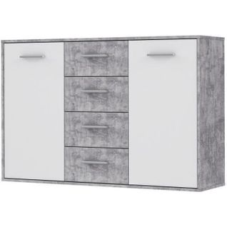 Buffet Bas Pilvi - 2 Portes Et 4 Tiroirs - Blanc Et Béton Clair - L 122,6 X P 34,2 X H 81,1 Cm