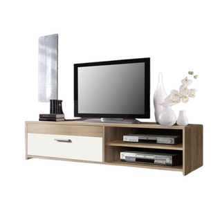 Meuble TV Pilvi - Particules Mélaminé - Chêne Et Blanc - 1 Abattant + 2 Niches - L120 X P42 X H32 Cm