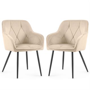 Lot De 2 Chaises En Velours Matelassées Diamante Beige Pieds Noirs