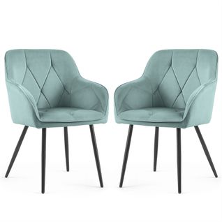 Lot De 2 Chaises En Velours Matelassées Diamante Turquoise Pieds Noirs