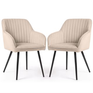 Lot De 2 Chaises En Velours à Surpiqûres Florence Beige Pieds Noirs
