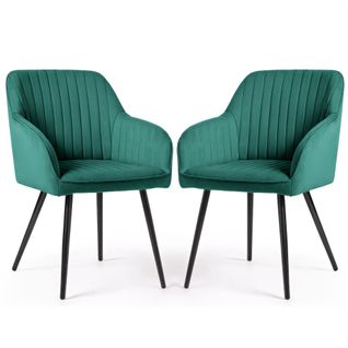 Lot De 2 Chaises En Velours à Surpiqûres Florence Vert Bouteille Pieds Noirs