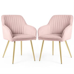 Lot De 2 Chaises En Velours à Surpiqûres Florence Rose Poudré Pieds Dorés