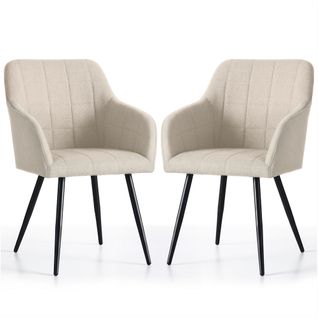 Lot De 2 Chaises Rembourrées à Surpiqûres Carrées Luxano Beige Pieds Noirs Tissu Lumos