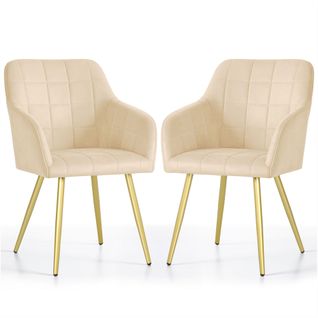 Lot De 2 Chaises Rembourrées à Surpiqûres Carrées Luxano Beige Pieds Dorés