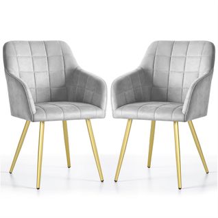 Lot De 2 Chaises Rembourrées à Surpiqûres Carrées Luxano Gris Pieds Dorés