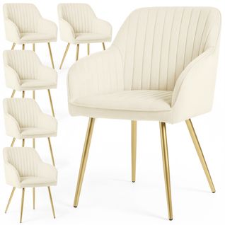 Lot De 6 Chaises En Velours à Surpiqûres Florence Crème Pieds Dorés