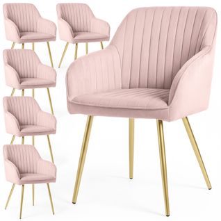 Lot De 6 Chaises En Velours à Surpiqûres Florence Rose Poudré Pieds Dorés