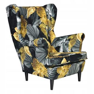 Fauteuil Scandinave à Oreilles Ari Print, Imprimé Monstera, Doré Et Noir