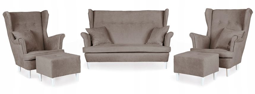 Ensemble De Salon Ari — Canapé, Fauteuils à Oreilles Et Poufs - Ensemble Complet