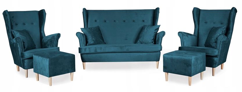 Ensemble De Salon Ari - Canapé, Fauteuils à Oreilles Et Poufs — Complet