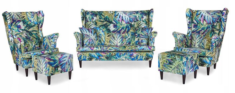 Ensemble Complet De Salon Ari Print — Canapé, Fauteuils à Oreilles Et Poufs