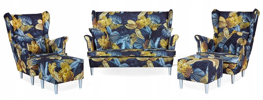 Ensemble De Salon Complet Ari Print — Canapé, Fauteuils à Oreilles Et Poufs.