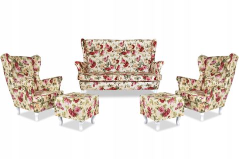 Ensemble De Salon Ari Print — Canapé, Fauteuils à Oreilles Et Poufs, Complet