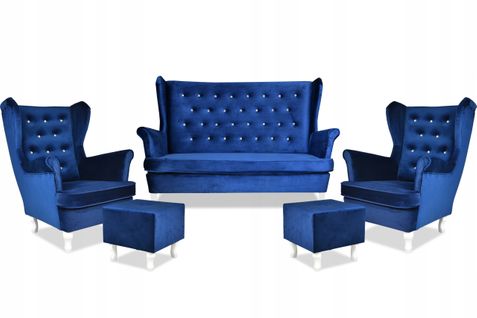 Ensemble Complet De Salon Diana — Canapé, Fauteuils à Oreilles Et Poufs