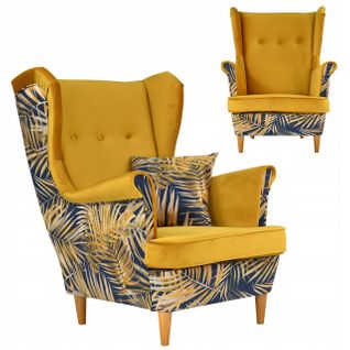 Fauteuil Scandinave à Oreilles Ari Print Duo, Jaune à Motifs De Feuilles