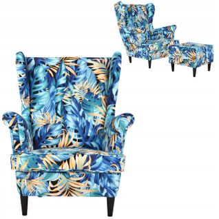 Fauteuil à Oreilles Ari Print Avec Pouf, Style Scandinave, Motif Monstera