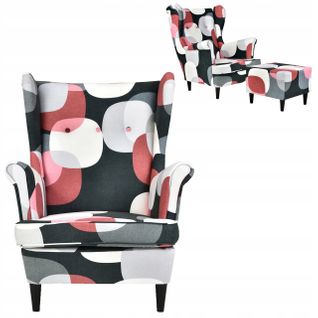 Fauteuil à Oreilles Ari Print Avec Pouf — Style Scandinave, Motif à Pois