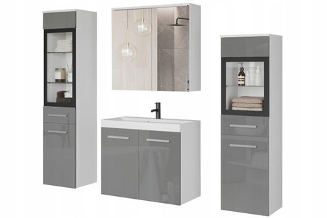 Salle De Bain Suspendue Lavabo 2 Colonnes + Armoire Miroir Blanc Mat / Gris Brillant