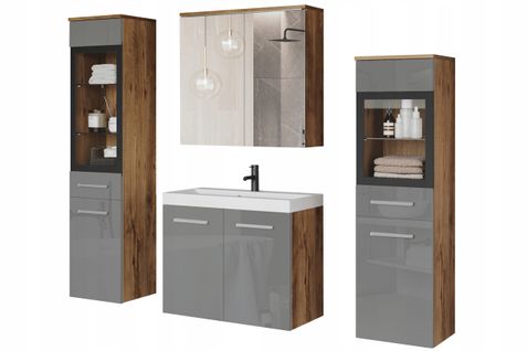 Salle De Bain Suspendue Lavabo 2 Colonnes + Armoire Miroir Châtaignier Mat / Gris Brillant