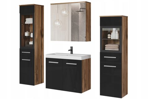 Salle De Bain Suspendue Lavabo 2 Colonnes + Armoire Miroir Wotan Mat / Noir Brillant