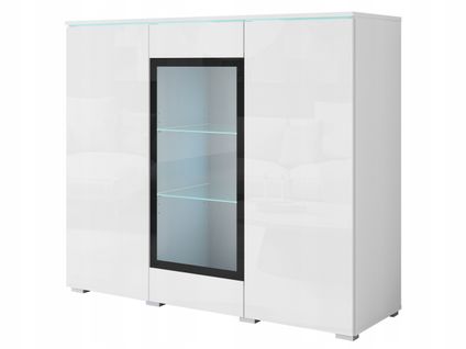 Vitrine Haute 120 Cm 3 Portes, Blanc Mat / Blanc Brillant