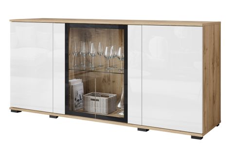 Buffet 150 Cm Vitrine Chêne Wotan Mat / Blanc Brillant