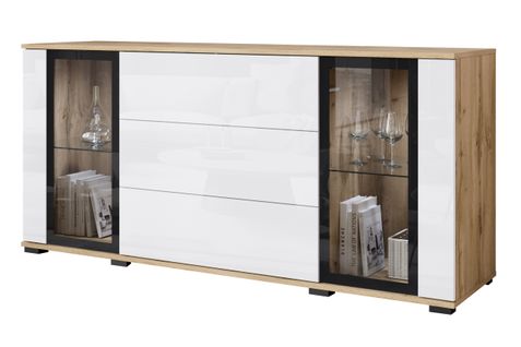 Buffet 150 Cm Vitrine + Tiroirs Chêne Wotan Mat / Blanc Brillant