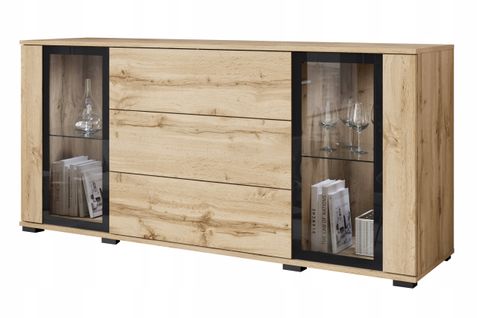 Buffet 150 Cm Vitrine + Tiroirs Chêne Wotan Mat