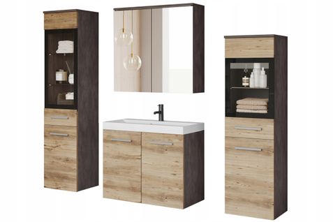 Salle De Bain Suspendue Lavabo 2 Colonnes + Armoire Miroir Matera / Châtaignier Mat