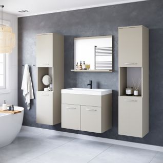 Salle De Bain Suspendue Lavabo Miroir + 2 Colonnes Beige Cachemire Mat