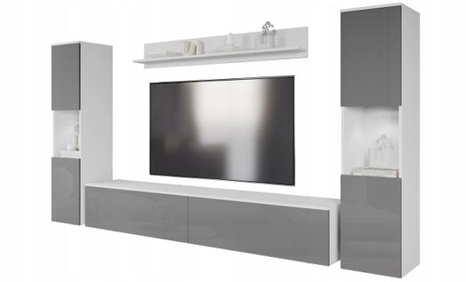 Mur TV 4 Éléments: 2 Colonnes + TV 180 Cm, Blanc Mat / Gris Brillant