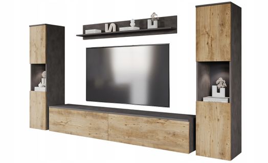 Mur TV 4 Éléments: 2 Colonnes + TV 180 Cm, Matera / Châtaignier Mat