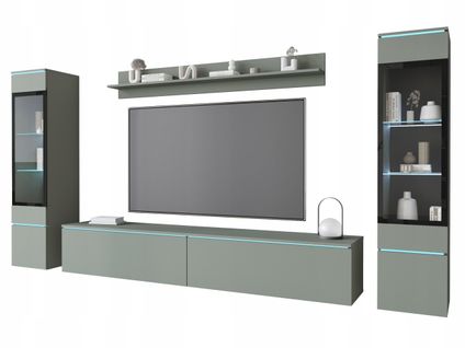 Ensemble Salon 4 Éléments: TV 180 + 2 Vitrines + Étagère, Vert Brumeux Mat