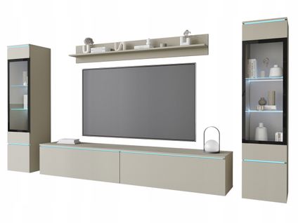 Ensemble Salon 4 Éléments: TV 180 + 2 Vitrines + Étagère, Beige Cachemire Mat