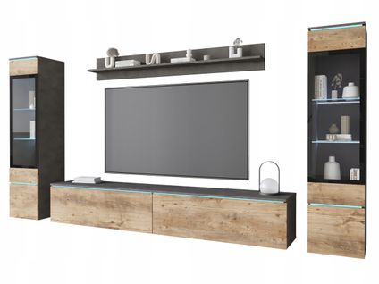 Ensemble Salon 4 Éléments: TV 180 + 2 Vitrines + Étagère, Matera / Châtaignier Mat