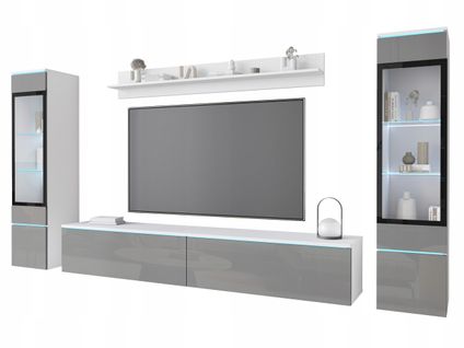 Ensemble Salon 4 Éléments: TV 180 + 2 Vitrines + Étagère, Blanc Mat / Gris Brillant