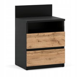 Table De Chevet Noire / Chêne Wotan – 40 Cm, 2 Tiroirs + Étagère, Meuble Pour Chambre à Coucher