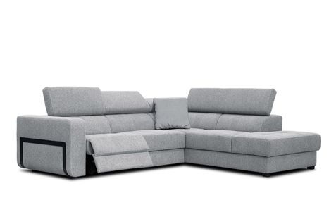 Canapé D'angle Droit Bergo 5 Places Relax Électrique Tissu Gris Clair Un Coussin Déco