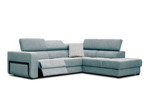 Canapé D'angle Droit Bergo 5 Places Relax Électrique Tissu Bleu Clair Un Coussin Déco