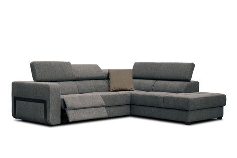 Canapé D'angle Droit Bergo 5 Places Relax Électrique Tissu Gris Foncé Un Coussin Déco