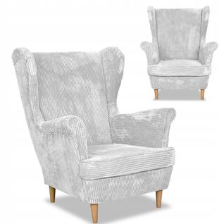 Fauteuil à Oreilles Bonito, Style Scandinave, Velours Côtelé Rayé Gris Clair