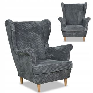 Fauteuil à Oreilles Bonito, Style Scandinave, Velours Côtelé Gris à Rayures, Tendance