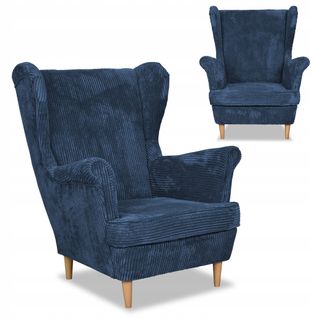 Fauteuil à Oreilles Bonito, Scandinave — Velours Côtelé Bleu Marine
