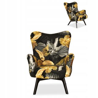 Fauteuil Scandinave Luna Print — Modèle à Oreilles, Style Coquille, Imprimé Monstera Noir Et Or