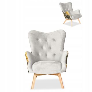 Fauteuil Scandinave à Oreilles Luna Print Duo — Motif Monstera Gris, Capitonné à Boutons